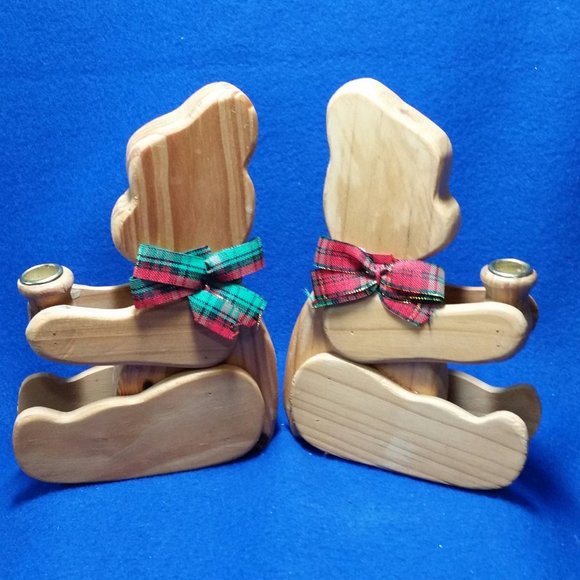 Wooden Teddy Bear Candlestick Holder Set Christmas Around The World Set of 2 - Picture 3 of 10